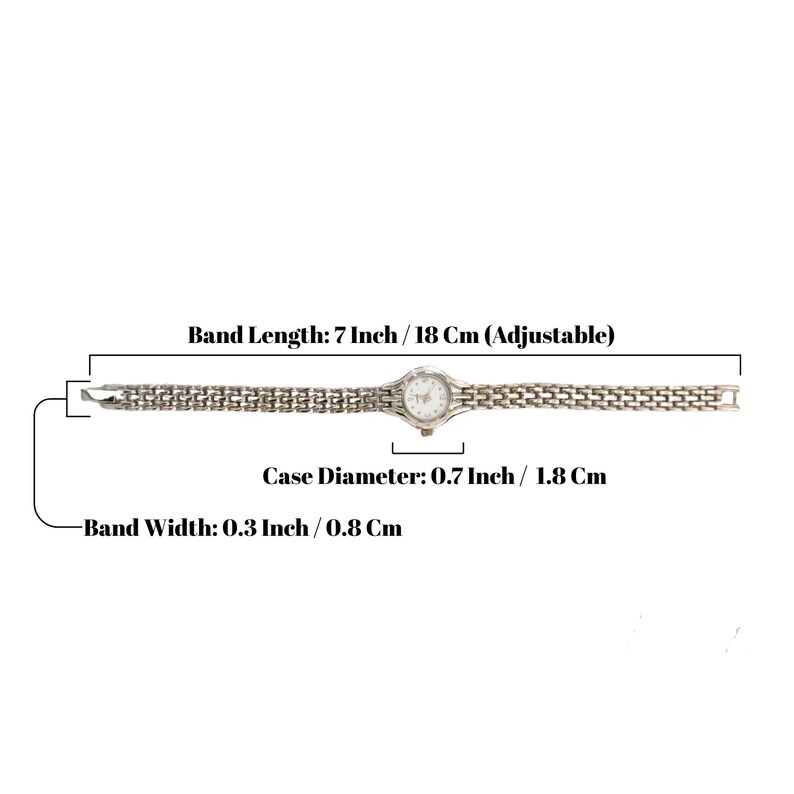 May include: A silver-toned wristwatch with a round face and a linked band. The band length is 7 inches (18 cm) and adjustable. The case diameter is 0.7 inches (1.8 cm), and the band width is 0.3 inches (0.8 cm).