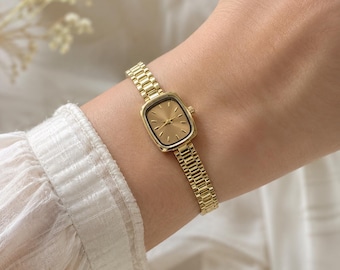 Vintage Dainty Gold Watch for Women, Adjustable Bracelet Womens Watch, Rectangular Champagne Dial