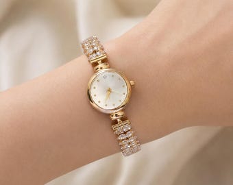 Small Gold Watch for Women, Crystal Bracelet Watch, Round White Dial, Dainty Vintage Style