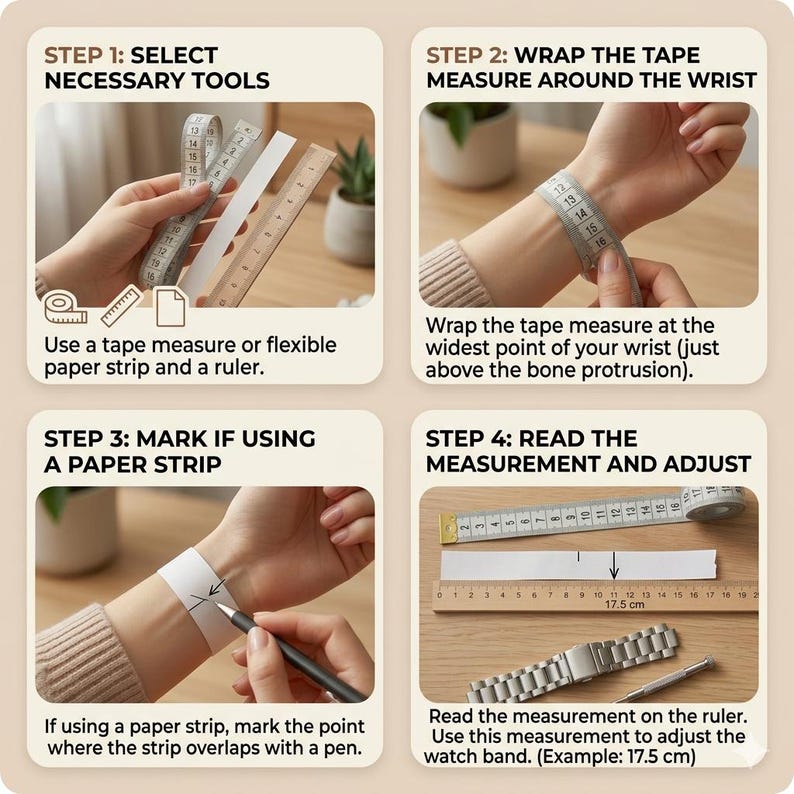 May include: A guide on how to measure a wrist for a watch band. The steps include selecting tools, wrapping a tape measure, marking a paper strip, and reading the measurement. The example shows a 17.5 cm measurement.