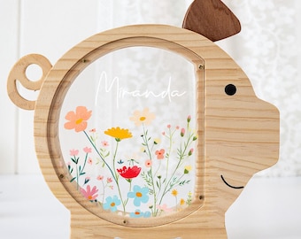 Personalized Floral Piggy Bank for Baby Girl, Christmas Gifts for Kid, Wildflower Coin Bank, Wooden Money Box with Name, Birthday Gift