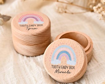 Gepersonaliseerde regenboogtandenfeedoos met naam, houten melktanddoos aandenken, doop, verjaardagscadeaus, kraamcadeau, uniek cadeau