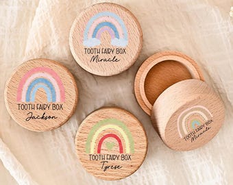 Gepersonaliseerde tandenfee-doos met regenboog, houten tandenfee-doos, bewaardoos voor meisjestanden, verjaardagscadeau, kraamcadeau, uniek cadeau