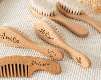 Gepersonaliseerde houten haarborstel en kamset voor pasgeboren baby's, kraamcadeau, cadeau voor kersverse ouders, eerste verjaardagscadeau voor de baby