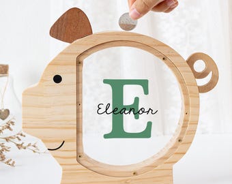 Hucha de madera personalizada con inicial del nombre, hucha de cerdito para niños o niñas, regalos de cumpleaños para niños, hucha para bebés, regalos de Navidad