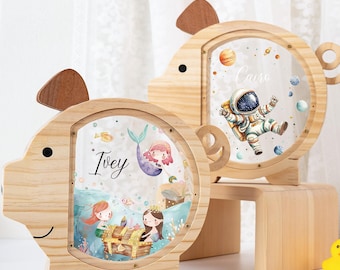 Gepersonaliseerde houten spaarpot voor meisjes jongens, naam spaarpot, schattig houten spaarvarken, babyshower cadeau, decor kinderkamer, verjaardagscadeau voor haar