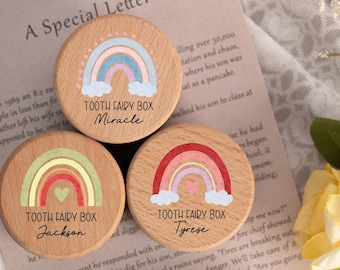 Gepersonaliseerde regenboogtandenfeedoos met naam, houten melktandendoos aandenken, doop, verjaardagscadeaus, kraamcadeau, uniek cadeau