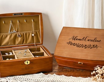 Personalized Wooden Jewelry Box for Her, Personalized Retro Jewelry Box, Jewelry Organizer Storage with Lock, Gift for couple