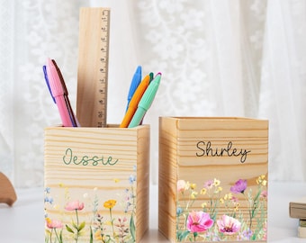 Leraar-potloodhouder Gepersonaliseerde houten pennenpot cadeau met bloemen