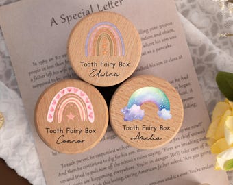 Gepersonaliseerde regenboogtandenfeedoos met naam, houten tandendoos aandenken, doop, verjaardagscadeaus, kraamcadeau, uniek cadeau voor kinderen