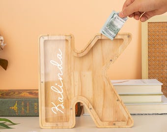 Personalized Large Wooden Kids Letter Piggy Bank,Wood Gift for Kids,Custom Name Coin Bank, Wood Alphabet Letter Bank Money Box Birthday Gift