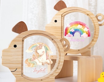 Aangepaste houten spaarpot met naam, varkensspaarpot voor meisjes haar, verjaardagscadeaus voor kind, geldkistcadeaus voor peuter, kinderen kerstcadeaus