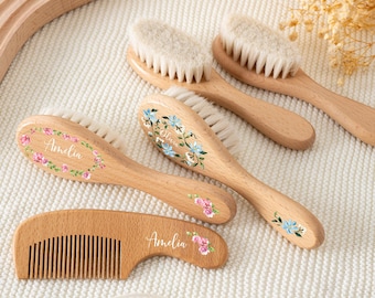 Personalized Wooden Baby Hairbrush Set, Custom Engraved Keepsake, Baby Shower Gift Idea for Newborns, Unisex Wooden Hair Brush and Comb Set