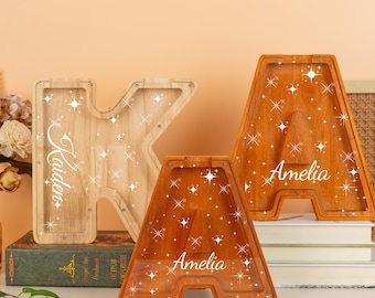 Personalized Starlight Wooden Alphabet Piggy Bank for Kids, Wooden Gifts for Kids, Customized Name Coin Bank, Wooden Alphabet Bank Birthday