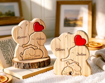 Personalized Elephant Family Wooden Puzzle | Custom Name Wood Animal Figurine | Fathers Day Gift | New Dad Keepsake Family Desk Decor
