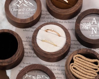 Aangepaste houten huwelijksceremonie ronde ringdoos, doorzichtige acryl hoes, gepersonaliseerde houder voor verlovingsvoorstel, bruidscadeau voor haar, huwelijkscadeaus