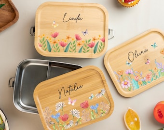 Gepersonaliseerde roestvrijstalen lunchbox met naam, terug naar school-cadeaus, lunchbox voor jongen en meisje, snackbox met houten deksel, verjaardagscadeaus voor kind