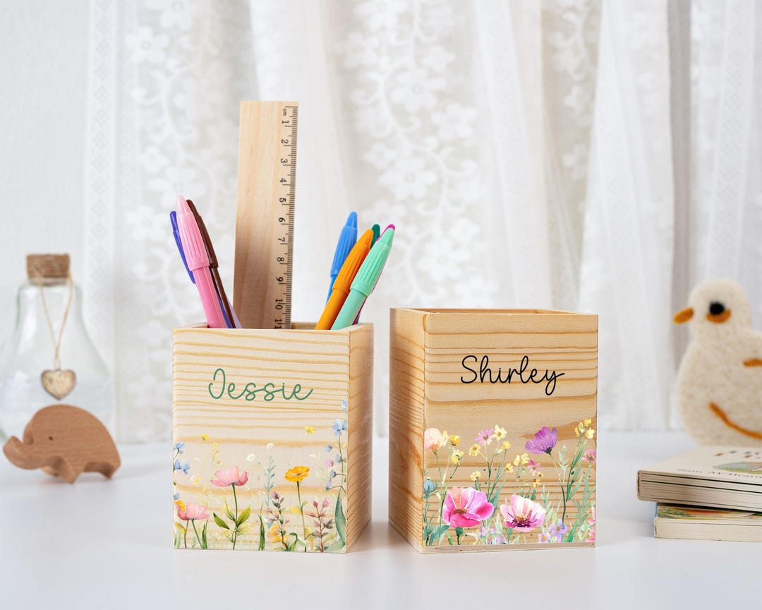 Teacher Pencil Holder Personalised Wooden Pen Pot Gift With Flowers - Etsy