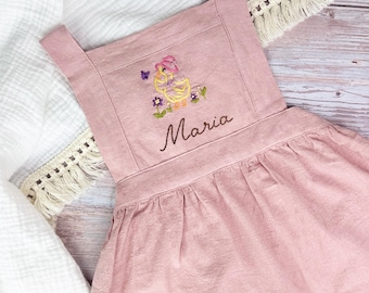 Hand-Embroidered Kid's Apron with Duck and Flower Design, Personalized Name on Linen-Cotton Blend, Toddler Christmas Gift   T27