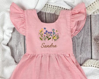 Personalized Embroidered Cotton Girls Dress, Ruffle Sleeve Kids Dress, Christening Dress, Flower Girl Dress, Birthday Gift for Kids