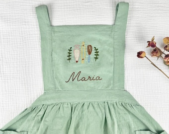 Hand-Embroidered Children's Kitchen Apron, Linen-Cotton Blend, Custom Name Embroidery, Perfect Birthday or Holiday Gift  T28