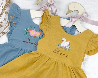 Personalized Embroidered Linen Toddler Dress: Handmade Ruffle Lace  T13