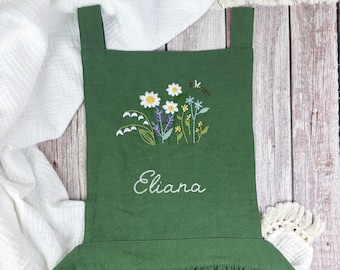 Personalized Hand Embroidered Apron – Floral Cotton Linen Gardening Apron for Adult   T21