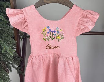 Personalized Embroidered Linen Toddler Dress: Handmade Ruffle Lace  T19