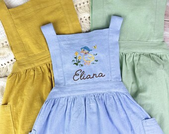 Hand-Embroidered Kid's Apron with Duck and Flower Design, Personalized Name on Linen-Cotton Blend, Toddler Christmas Gift   T26