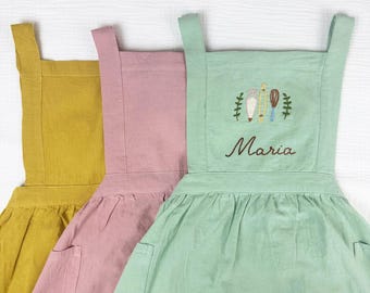 Hand-Embroidered Kid's Kitchen Apron, Linen-Cotton Blend, Custom Name Embroidery, Perfect Birthday or Holiday Gift  T28