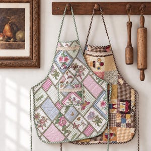 Personalized Quilted Cotton Apron, Hand Embroidered Name Apron with Pocket, Vintage Patchwork Print Kitchen Apron