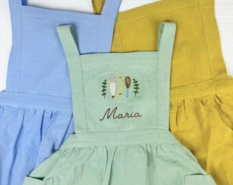 Hand-Embroidered Kid's Kitchen Apron, Linen-Cotton Blend, Custom Name Embroidery, Perfect Birthday or Holiday Gift  T28