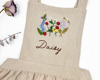 Personalized Kids Apron: Hand-Embroidered Floral Cotton-Linen  T7