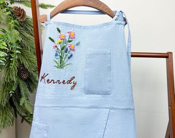 Hand-Embroidered Teen Apron: Personalized Name, Floral Cotton (Pocketed) T22