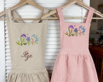 Hand-Embroidered Floral Aprons – Cotton-Linen Kitchen Aprons, Matching Parent-Child Aprons, Mother’s Day Gifts   T20