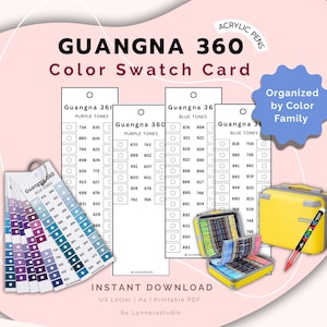 Puede incluir: Un juego de tarjetas de muestra de color "GUANGNA 360" para bolígrafos acrílicos. El conjunto incluye cartas de colores organizadas por familia de colores, un abanico de colores y una maleta amarilla. El texto "Organizado por familia de colores" es visible.