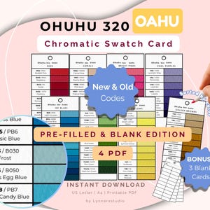 May include: A chromatic swatch card with the text "OHUHU 320 OAHU" and color swatches. The card includes color categories like Reds, Corals, and Ice Blues. It also features the text "PRE-FILLED & BLANK EDITION" and "INSTANT DOWNLOAD".