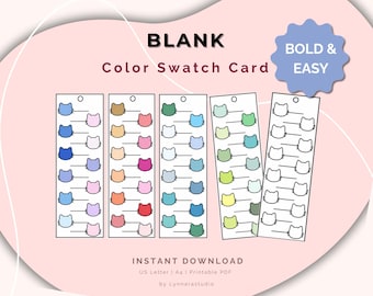 Op de afbeelding: Een set blanco kleurstalenkaarten met katvormige kleurindicatoren in verschillende kleuren, waaronder blauw, roze, groen en oranje. De kaarten zijn gelabeld met "BLANK Color Swatch Card" en "BOLD & EASY". De tekst "INSTANT DOWNLOAD" is ook zichtbaar.