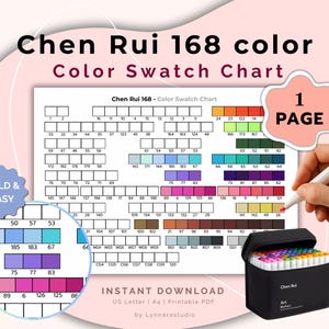 May include: A color swatch chart labeled "Chen Rui 168 color" with a grid of color samples. A hand holds a marker, pointing to a color. A black case of markers is at the bottom. The text "BOLD & EASY" is on the left.