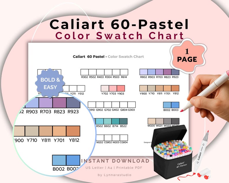 Caliart 60 Pastel Marker Swatch Chart Printable Color Reference (PDF