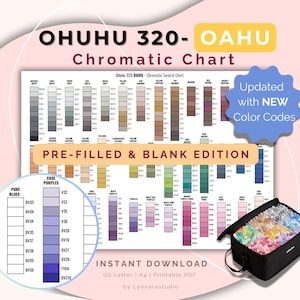 May include: A chromatic chart titled "OHUHU 320- OAHU" with color swatches and a black carrying case filled with colorful markers. The chart includes text that reads "PRE-FILLED & BLANK EDITION" and "Updated with NEW Color Codes."
