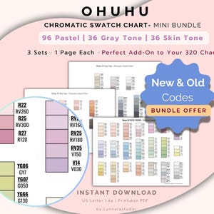 May include: A mini bundle of Ohuhu chromatic swatch charts. The bundle includes 96 pastel, 36 gray tone, and 36 skin tone color swatches. The charts are designed as a perfect add-on to a 320 chart. The image also includes a bundle offer.
