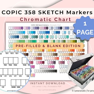 Op de afbeelding: Een chromatische kaart voor COPIC 358 Sketch Markers, met een kleurenpalet met verschillende tinten. De kaart bevat vooraf ingevulde en blanco edities. Een koffer gevuld met markers is zichtbaar. De tekst zegt "1 PAGE" en "INSTANT DOWNLOAD".