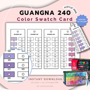 Puede incluir: Una tarjeta de muestra de color para rotuladores acrílicos GUANGNA 240. La tarjeta presenta una cuadrícula de muestras de color, una clave de color y una caja de rotuladores. El texto "ORDENADO POR COLORES" es visible. Descarga instantánea.