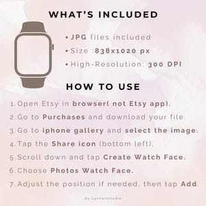 May include: Digital product image with instructions. Text includes "WHAT'S INCLUDED", "HOW TO USE", file size, and resolution details. A watch graphic is also present. Instructions are for use on Etsy.