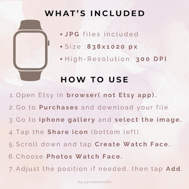 May include: Digital product image with instructions. Text includes "WHAT'S INCLUDED", "HOW TO USE", file size, and resolution details. A watch graphic is also present. Instructions are for use on Etsy.