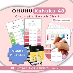 May include: Ohuhu Kahuku 48 Chromatic Swatch Chart for acrylic markers. Includes blank and pre-filled printable PDF templates in US Letter and A4 sizes. Features color-coded sections for green tones, red, and pink, with a marker case.