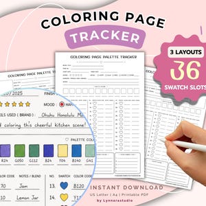 Plantilla imprimible para registrar páginas para colorear, paleta de colores, muestras de rotuladores, hoja de recetas de colores para libros para colorear, PDF tamaño A4 (Carta estadounidense).