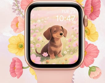 Cute Dog Apple Watch Face | Dachshund Watch Face | Kawaii Puppy Wallpaper | Pastel Digital Download