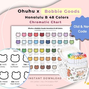 Op de afbeelding: Een promotieafbeelding voor Ohuhu x Bobbie Goods Honolulu B 48 Kleuren, met een chromatische kaart, een set stiften en een pen. De afbeelding bevat de tekst "Instant Download" en "Old & New Code."